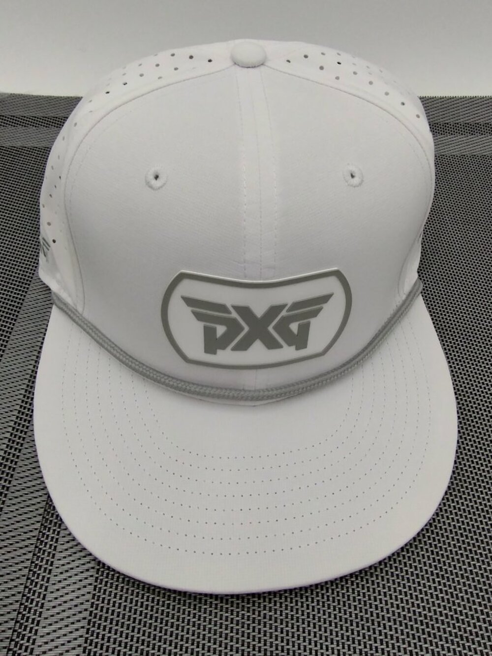 PXG Dog Tag 6 Panel High Crown Snapback White Grey Logo Hat NWT